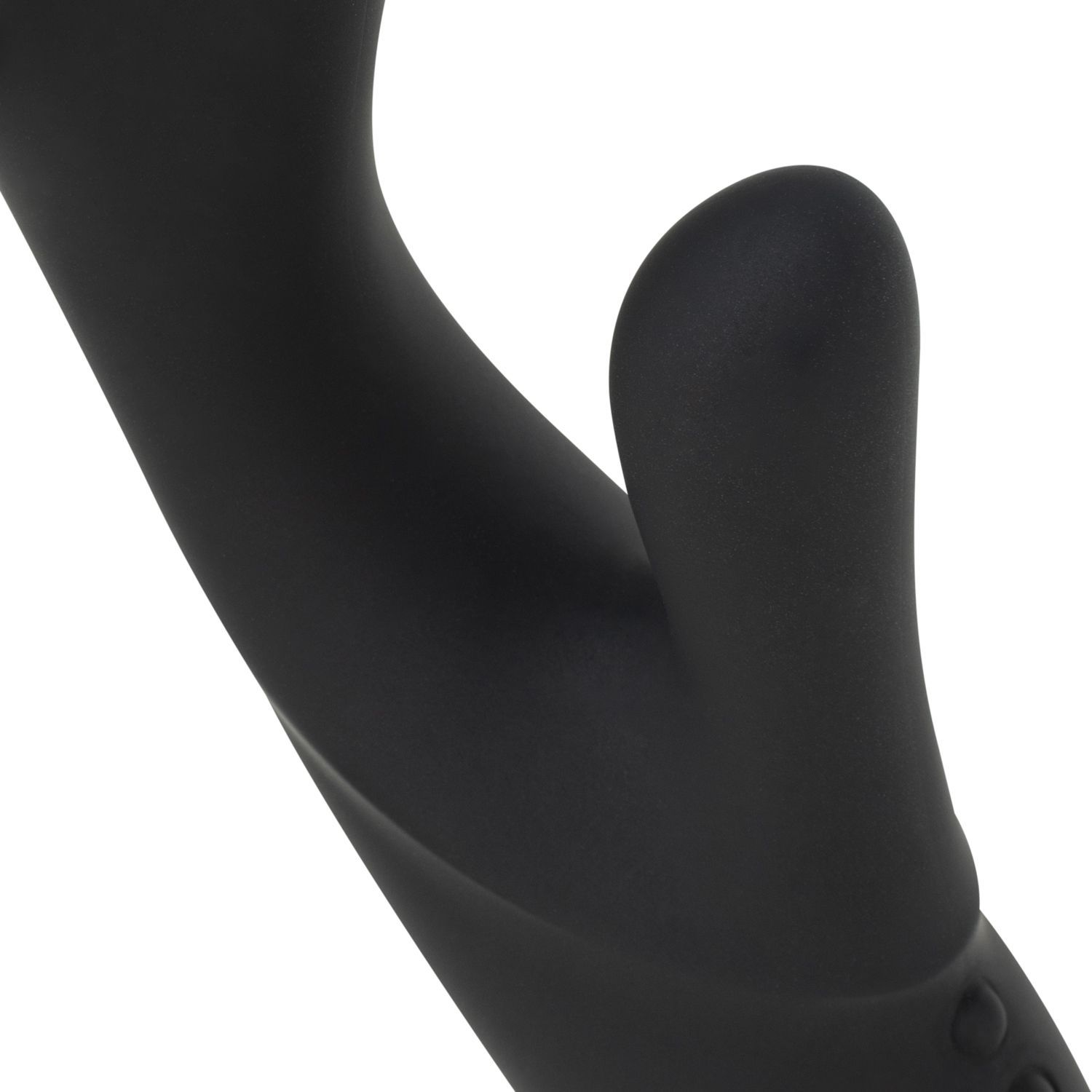 Vue rapprochée du vibrateur lapin noir, focus sur la forme courbée et le stimulateur clitoridien.