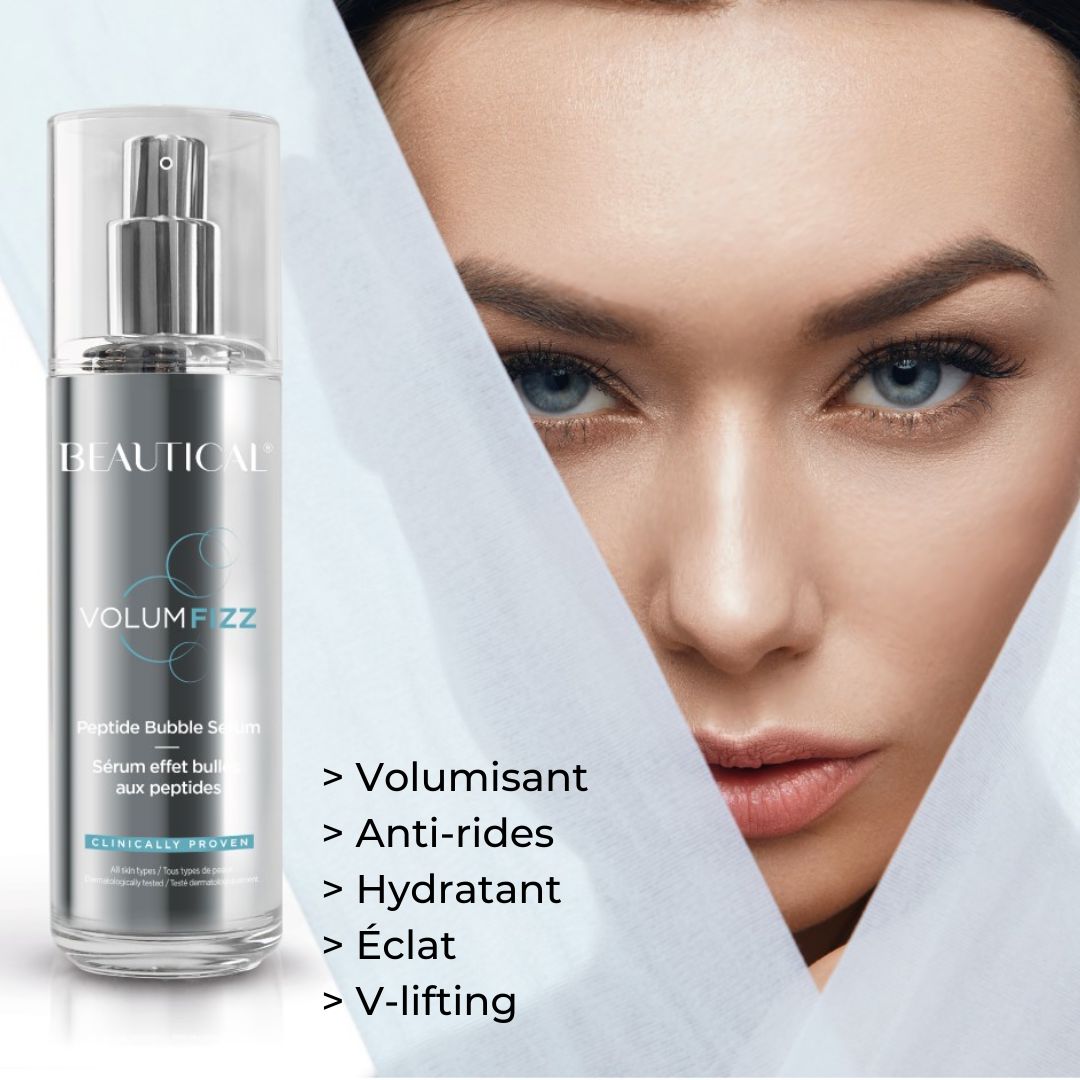 Sérum Peptidbubbleserum Volumfizz de Beautical et visage de femme. Nom et détails du produit sur l'étiquette. Texte: Volumisant, Anti-rides.