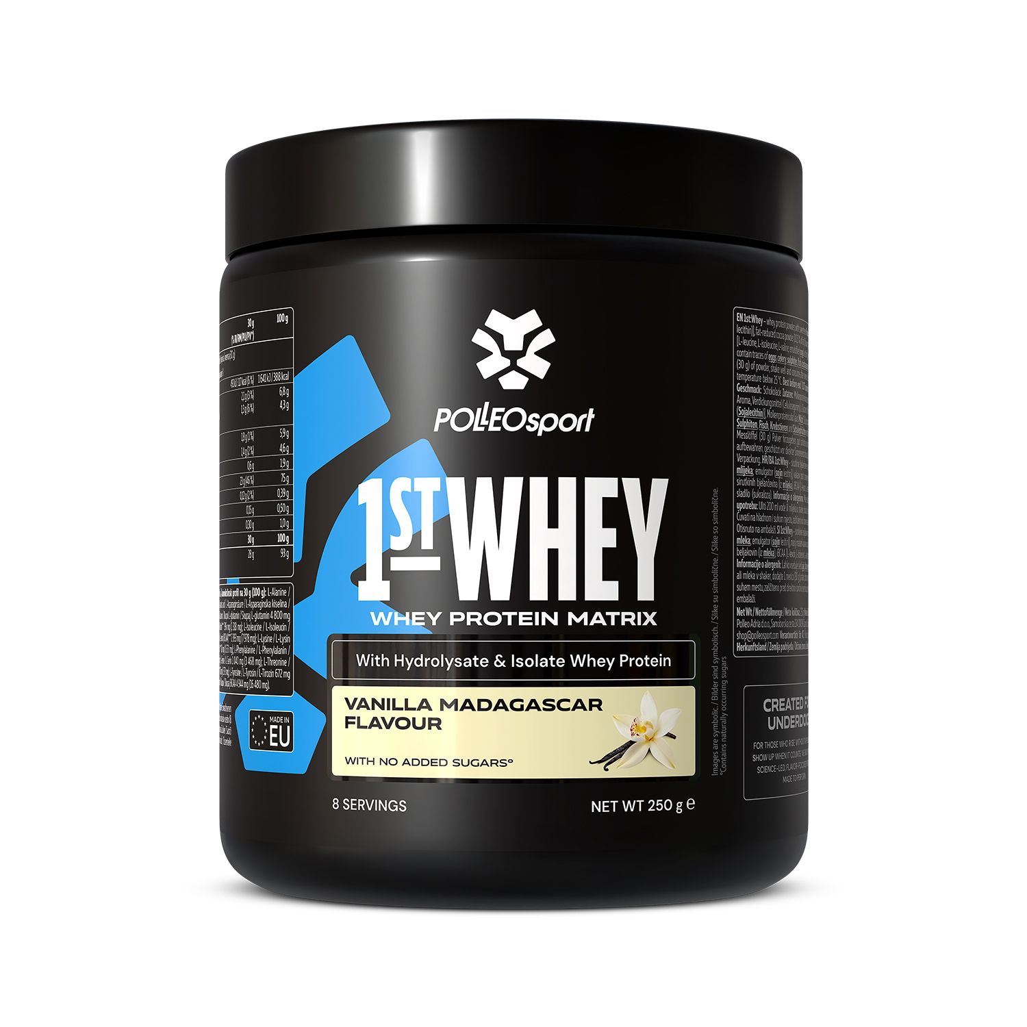 Récipient noir avec PolleoSport 1st Whey Protein Matrix, saveur Vanille Madagascar, 250g.