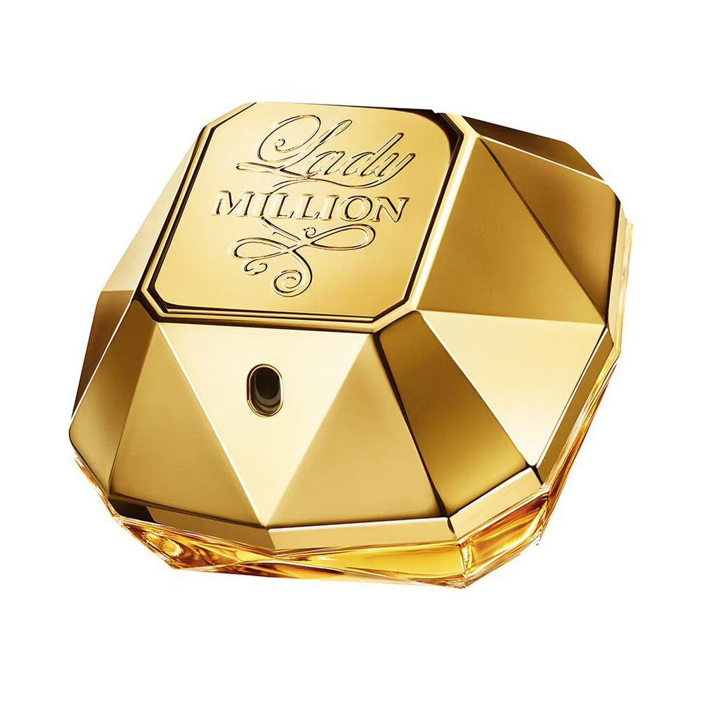 Flacon doré en forme de diamant. Inscription "Lady Million".