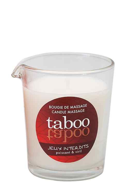 Bougie dans un verre avec étiquette rouge. Inscription: taboo, Jeux Interdits. Bougie de massage.