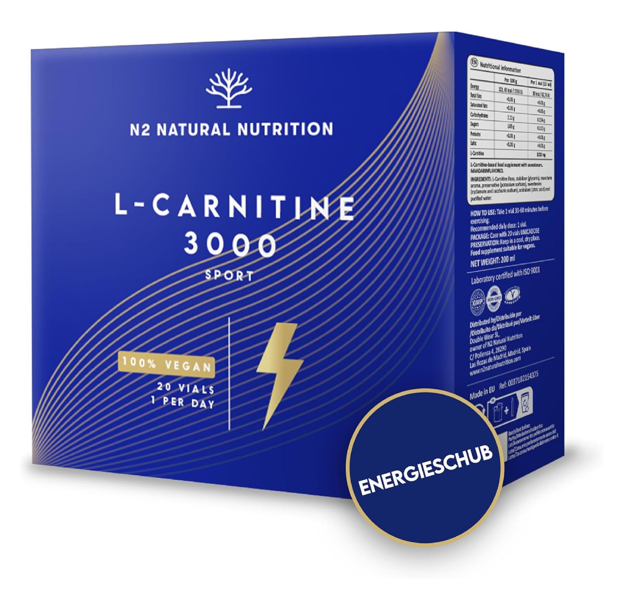 Blauwe verpakking met N2 Natural Nutrition L-Carnitine 3000. Bevat 20 ampullen. Logo, tekst en bliksemsymbool. Opschrift: 100% Vegan.