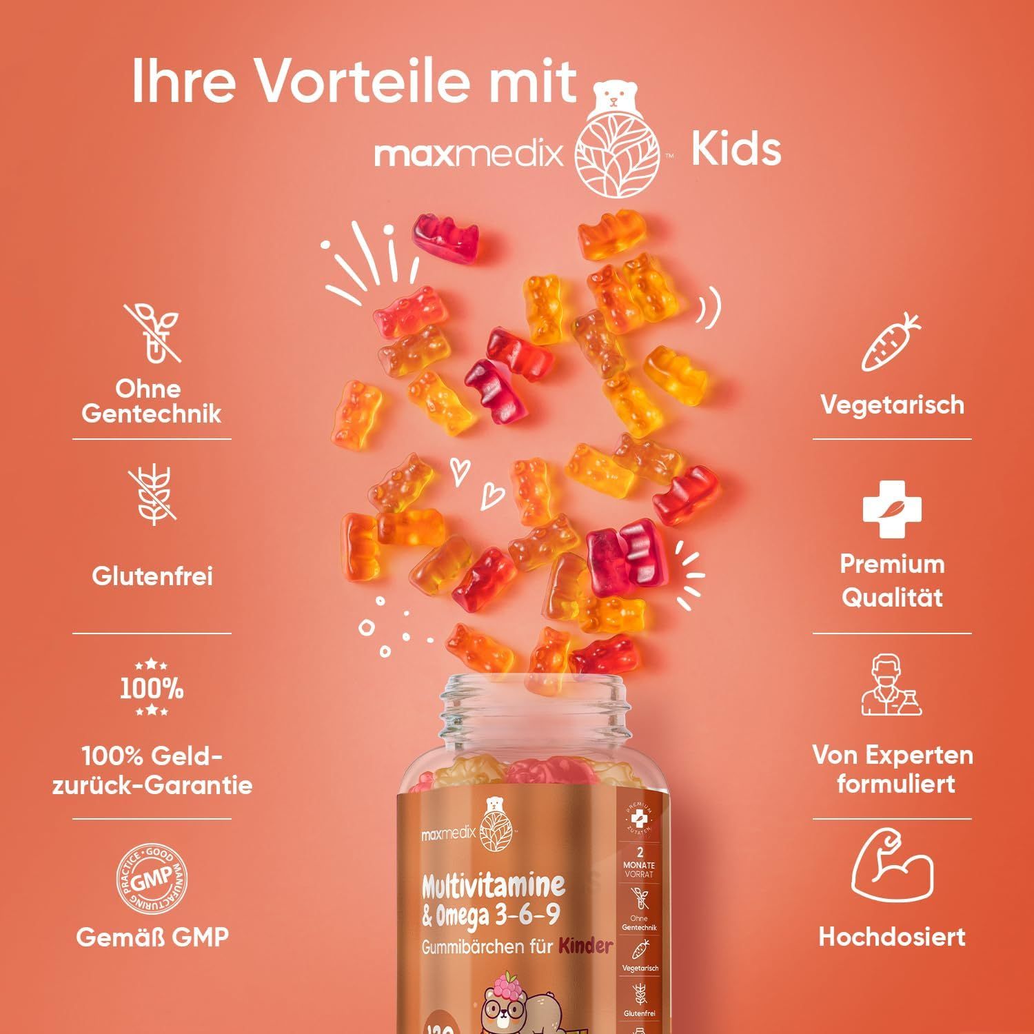 Fles multivitamine gummies. Tekst: Zonder GMO, glutenvrij, vegetarisch, 100% geld-terug-garantie, premium kwaliteit, geformuleerd door experts.