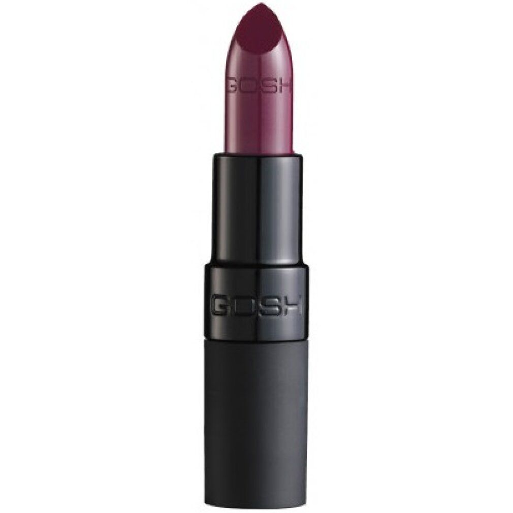 Rouge à lèvres prune foncé dans un étui noir. Le mot "GOSH" est visible sur l'emballage.