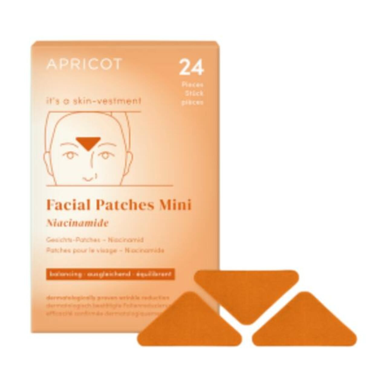Emballage avec 24 patchs triangulaires. Inscription : APRICOT, Facial Patches Mini, Niacinamide. Emballage orange.