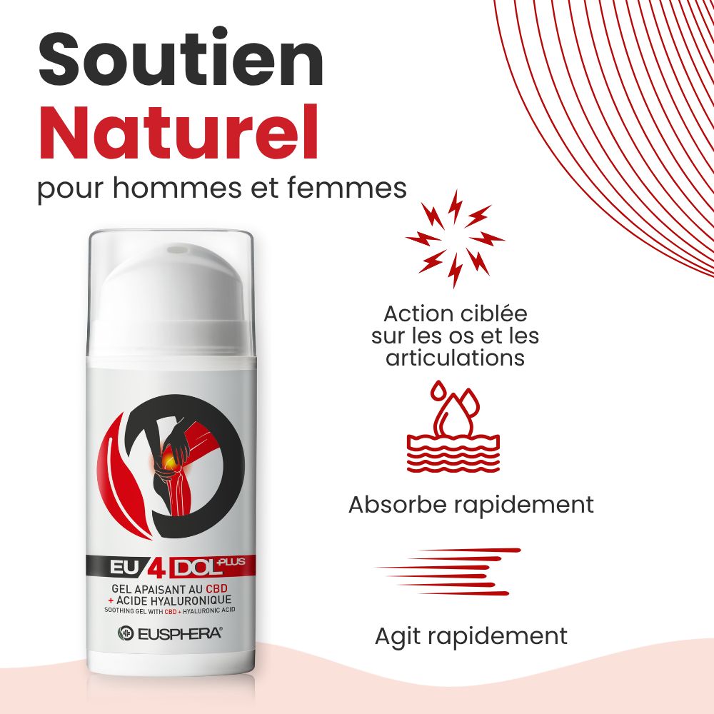 Flacon avec texte et logo rouge. Texte: EU4DOL Plus, Eusphera. Action ciblée sur les os et articulations.