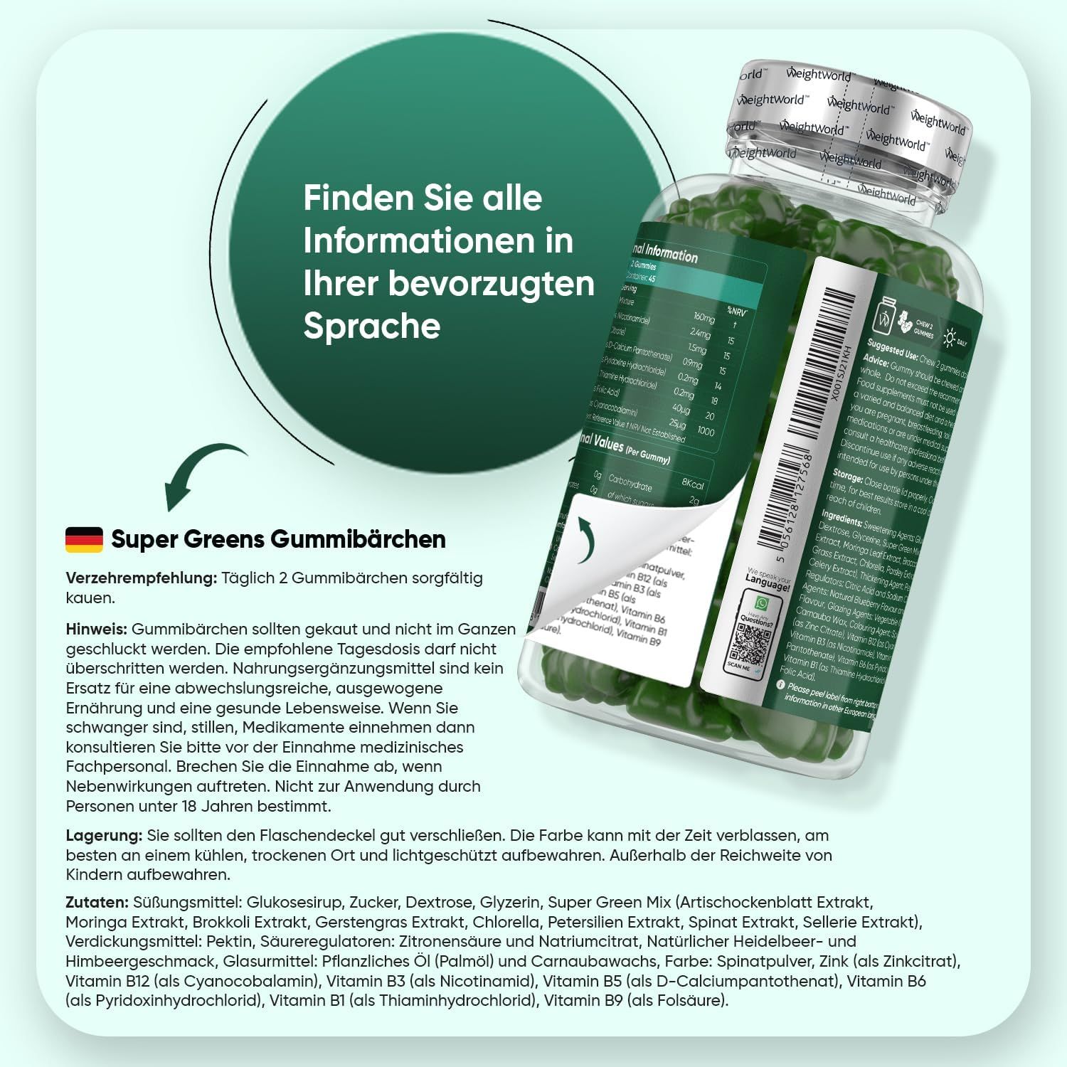 Flacon de WeightWorld Super Greens Gummibärchen avec étiquette ouverte. Contient des informations en plusieurs langues, dont le français.