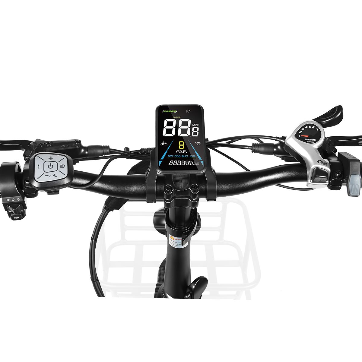 Guidon de vélo avec écran affichant vitesse et données. SAMEBIKE.