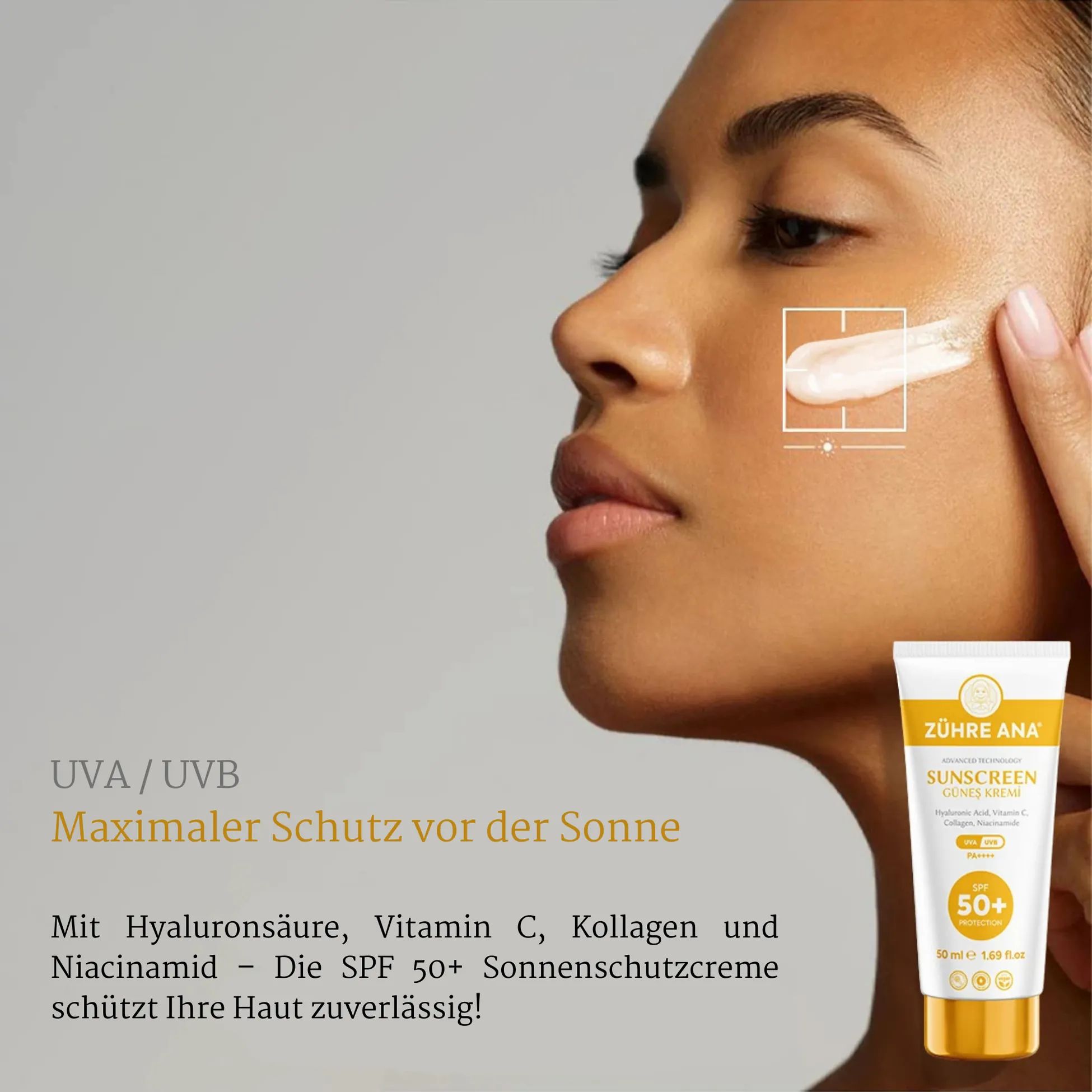 Vrouw met zonnecrème op de huid. Zühre Ana zonnebrandcrème SPF 50+ UVA/UVB. Tekst: Maximale bescherming tegen de zon.
