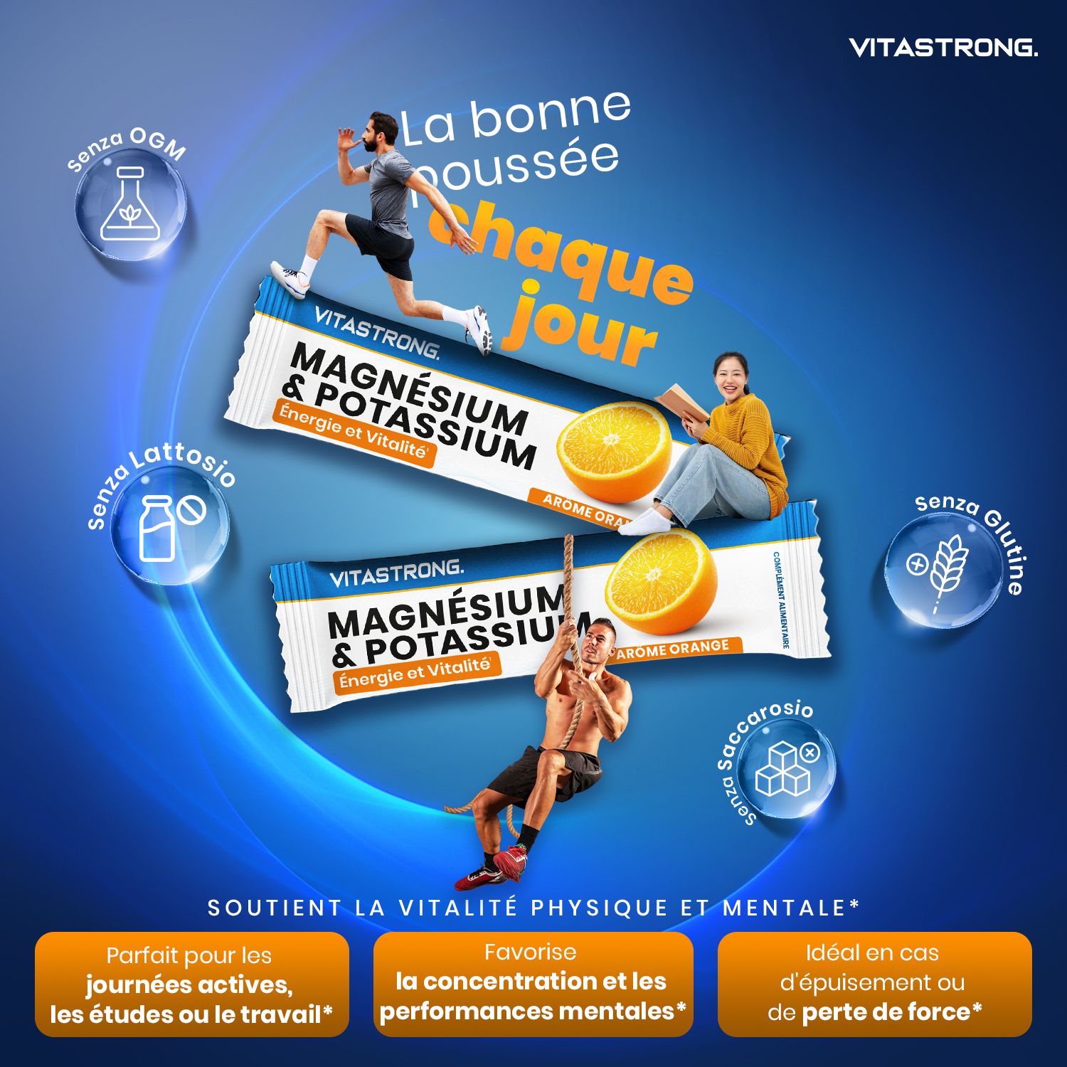 Vitastrong Magnesium & Kalium. Stick, sinaasappelsmaak. Ingrediënten: magnesium, vitamine C, kalium, etc. Productafbeelding.