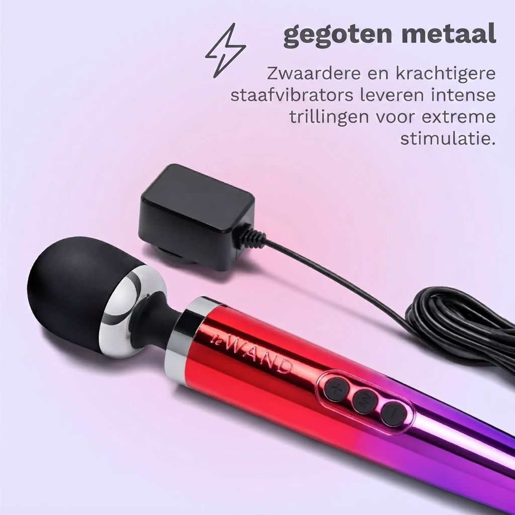Gegoten Plug-In Massagestaaf, rood-paars, met lijst van productkenmerken.