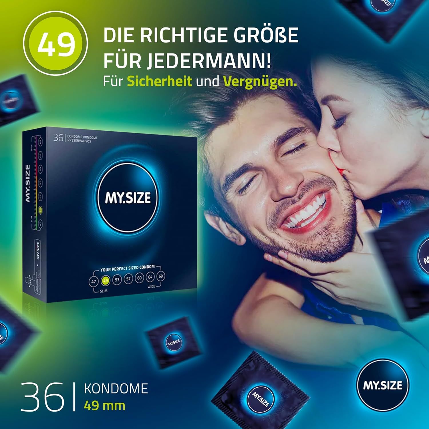 Publicité avec emballage de préservatifs MY.SIZE. Homme et femme s'embrassent. Inscription: 36 préservatifs, 49 mm. Préservatifs avec logo MY.SIZE.