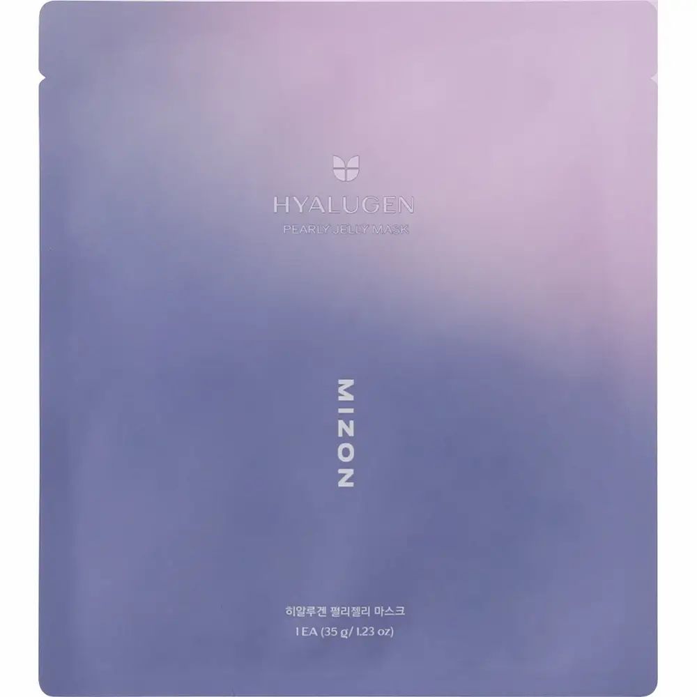 Verpakking van MIZON Hyalugen Pearly Jelly Mask. Kleurovergang van paars naar roze. Logo en productnaam gedrukt.