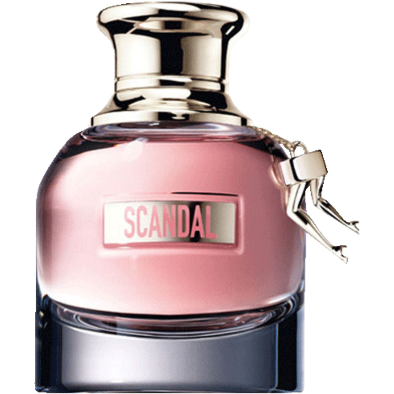 Flacon de parfum avec jambes dorées en bouchon. Inscription "SCANDAL". Liquide rose.