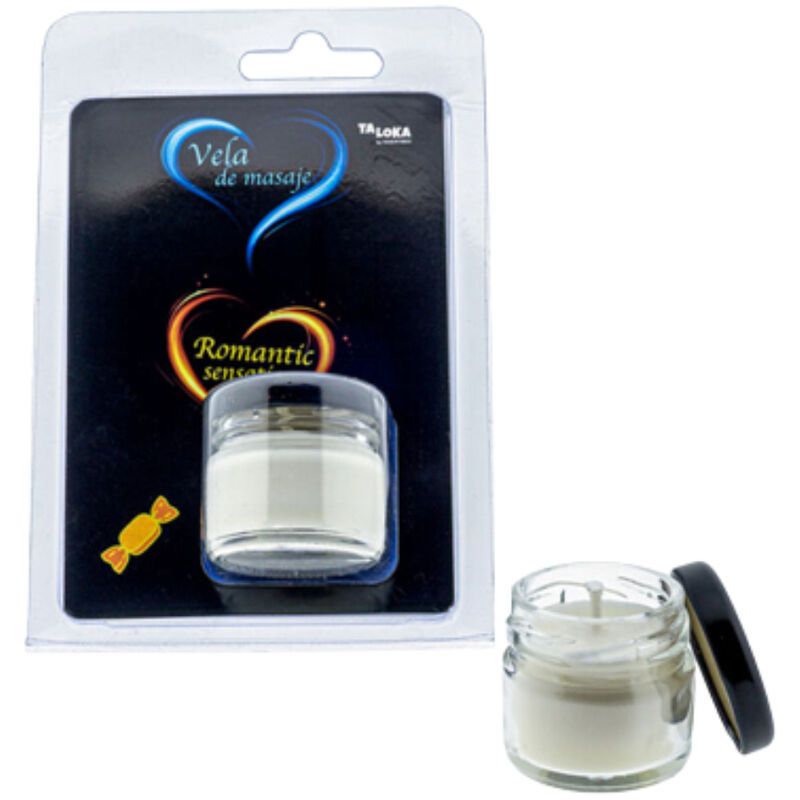 Bougie de massage en pot de verre avec couvercle noir. Emballée dans un blister. Inscription : Vela de masaje, Romantic sensory.