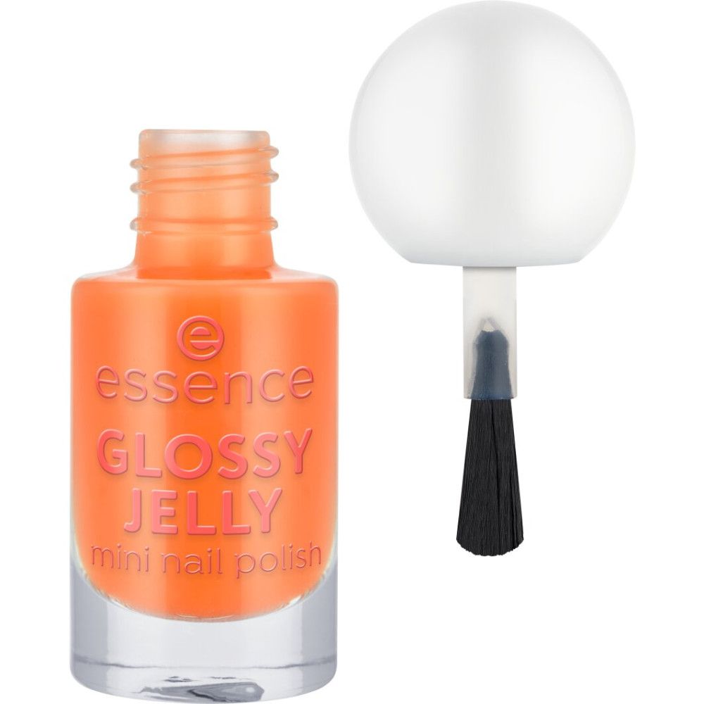 Oranje nagellakfles met penseel. Witte dop. Opschrift: Glossy Jelly, Mini Nail Polish.