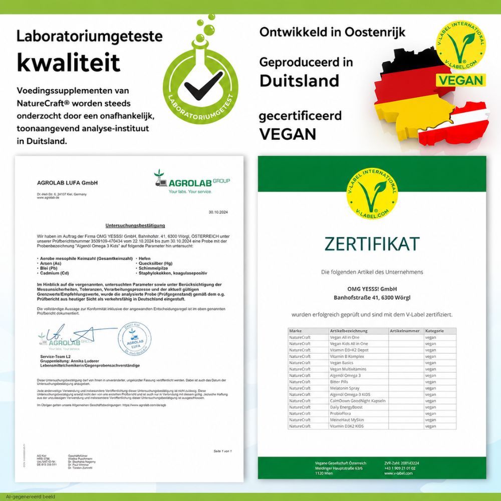 Kind zwemt onder water. Links: lijst met productvoordelen en zegels (V-Label, Premium Quality).