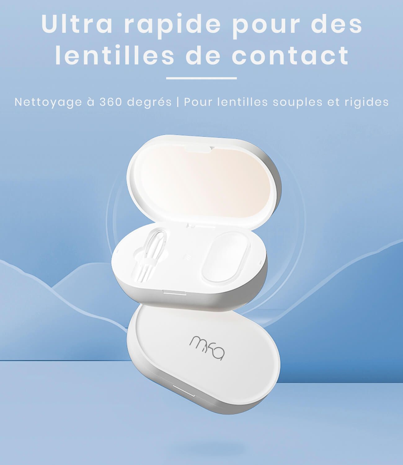 Appareil de nettoyage à ultrasons blanc, ovale, ouvert. Contient des accessoires. Fond avec des lignes bleues.