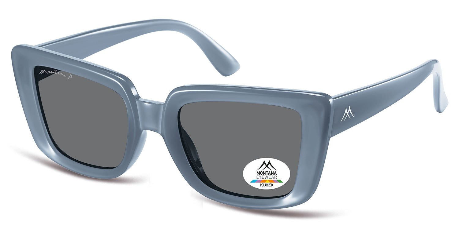 Lunettes de soleil bleues à verres foncés. Logo Montana Eyewear et certification de polarisation. Vue latérale.