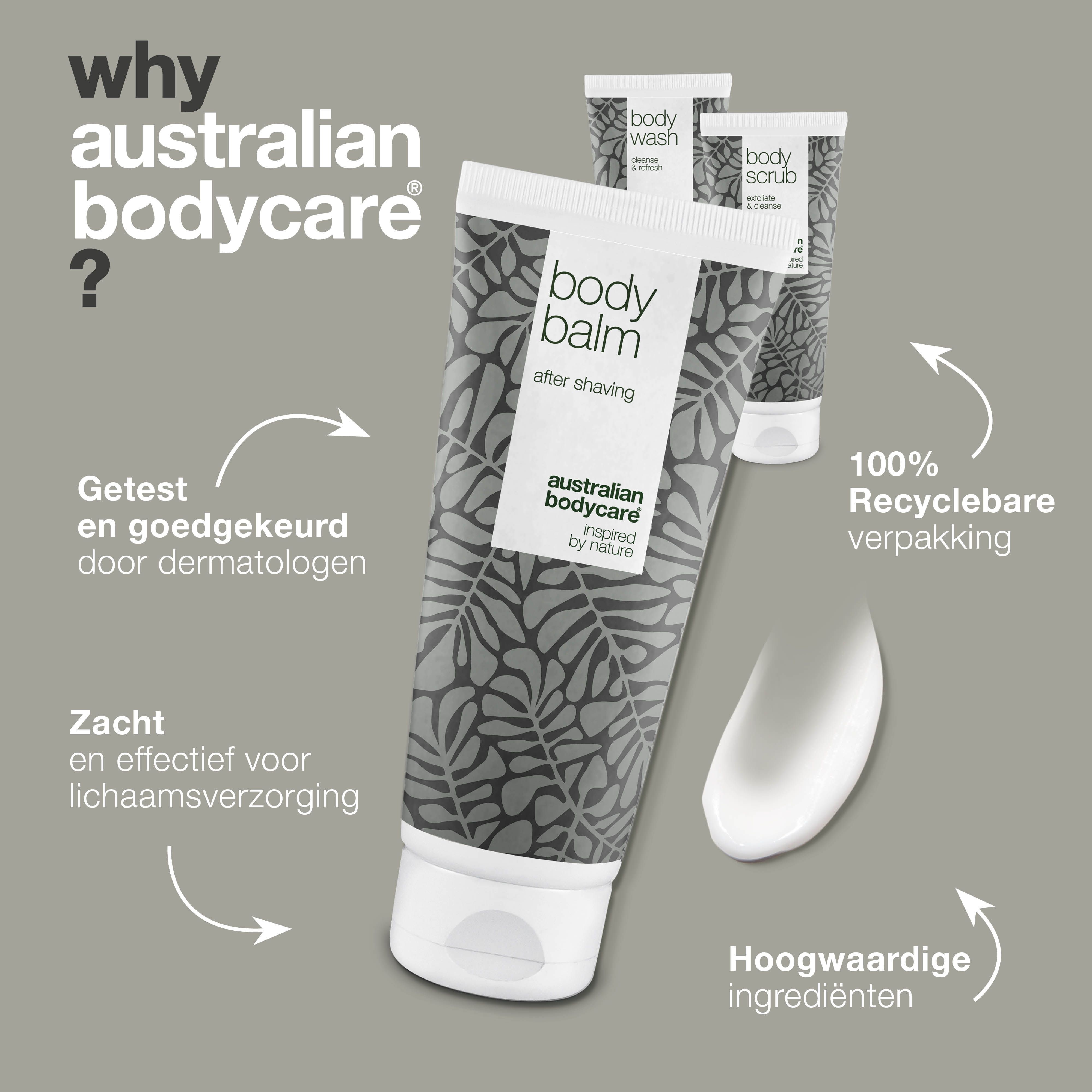 Collage met personen en producten. Producten: Body Balm, olie. Merk: Australian Bodycare. Achtergrond: groen.