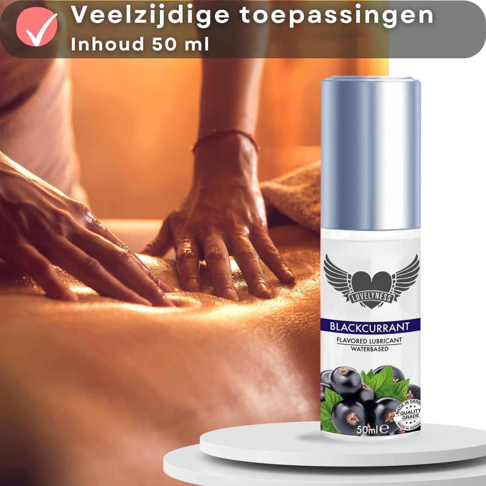 Glijmiddel met zwarte bessensmaak. Voor veelvuldig gebruik. Logo Lovelyness en naam Blackcurrant.