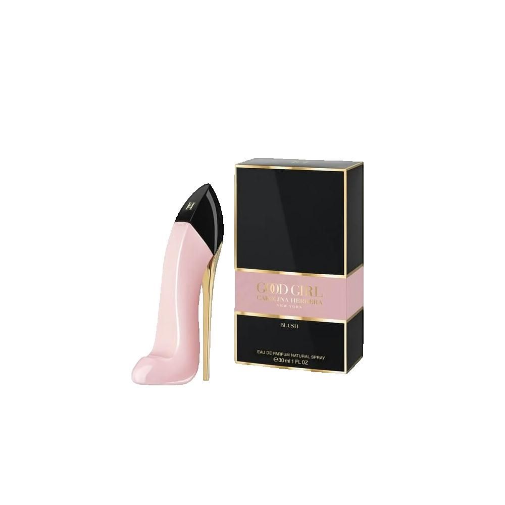 Flacon rose en forme d'escarpin à côté d'une boîte noire avec des accents roses. Texte sur la boîte.