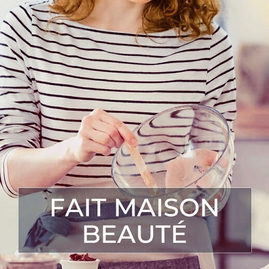 Femme remuant dans un bol en verre avec un bâton en bois. Texte : FAIT MAISON BEAUTÉ.