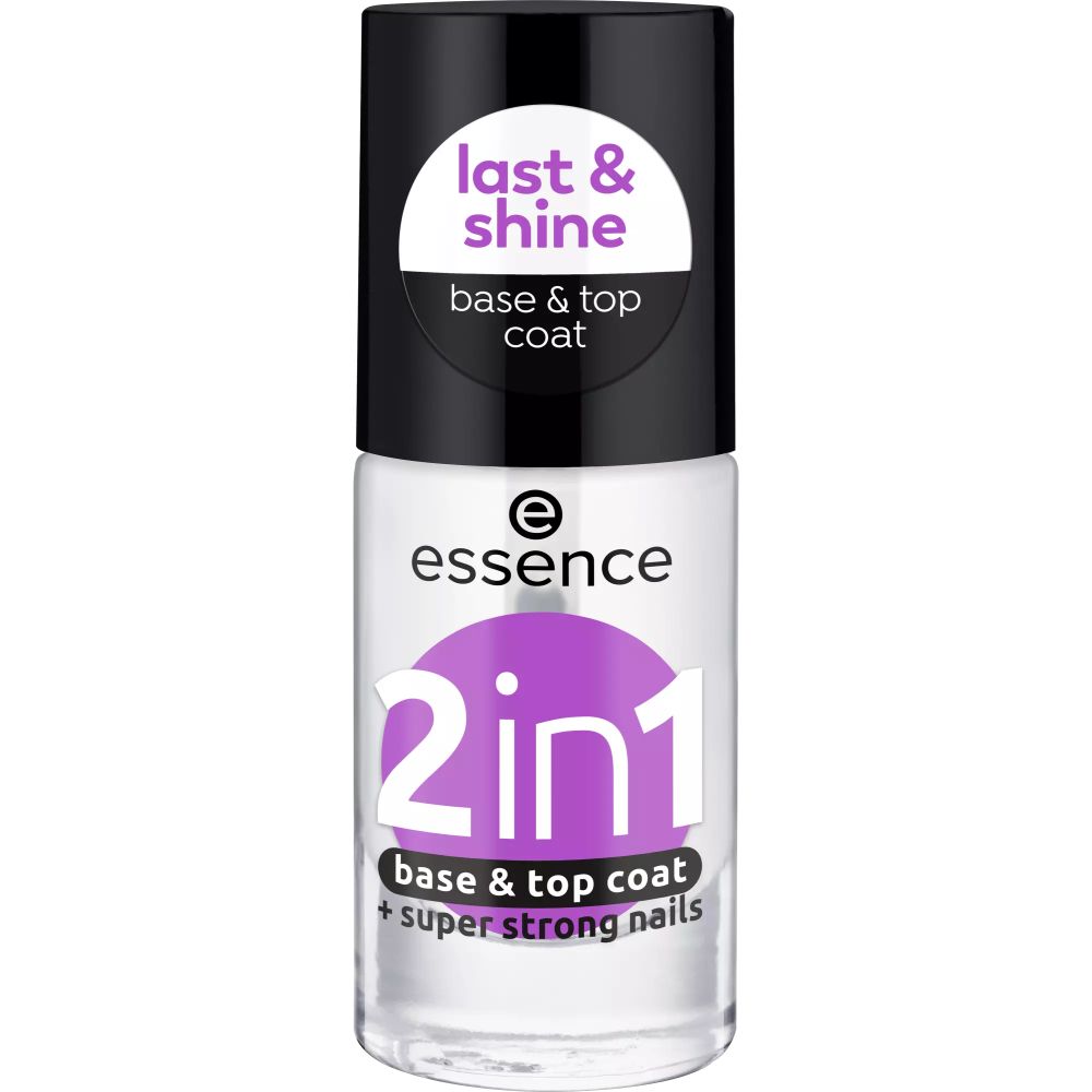 Flacon Essence 2en1 Base & Top Coat. Bouchon noir, inscription violette.