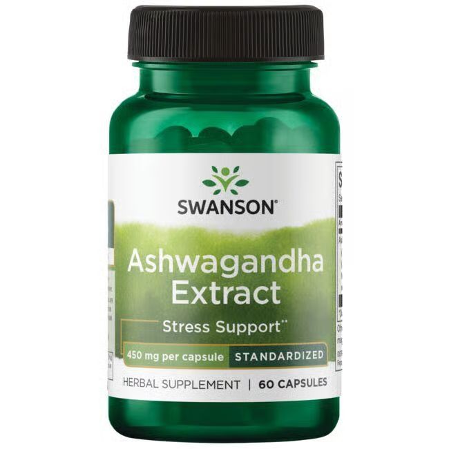 Flacon vert Swanson Ashwagandha Extract. Étiquette avec nom du produit, logo et indication de soutien contre le stress.