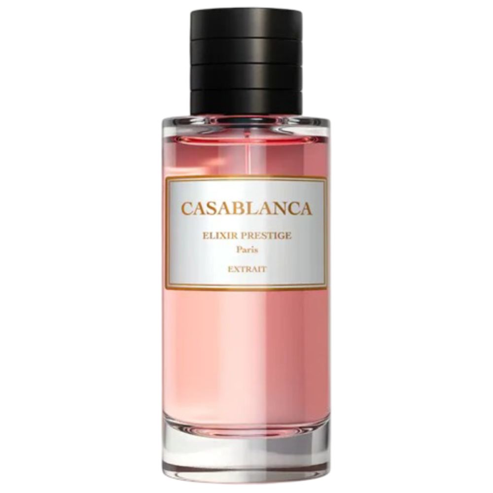 Flacon de parfum. Bouchon noir, liquide rose. Étiquette blanche avec cadre doré et texte: Casablanca, Elixir Prestige, Paris.