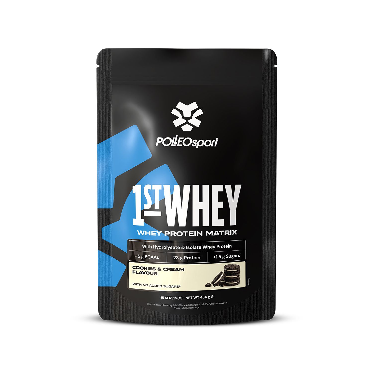 Zwarte zak PolleoSport 1st Whey, smaak Cookies & Cream. Bevat 23g eiwit. Met Oreo-koekjes illustratie.