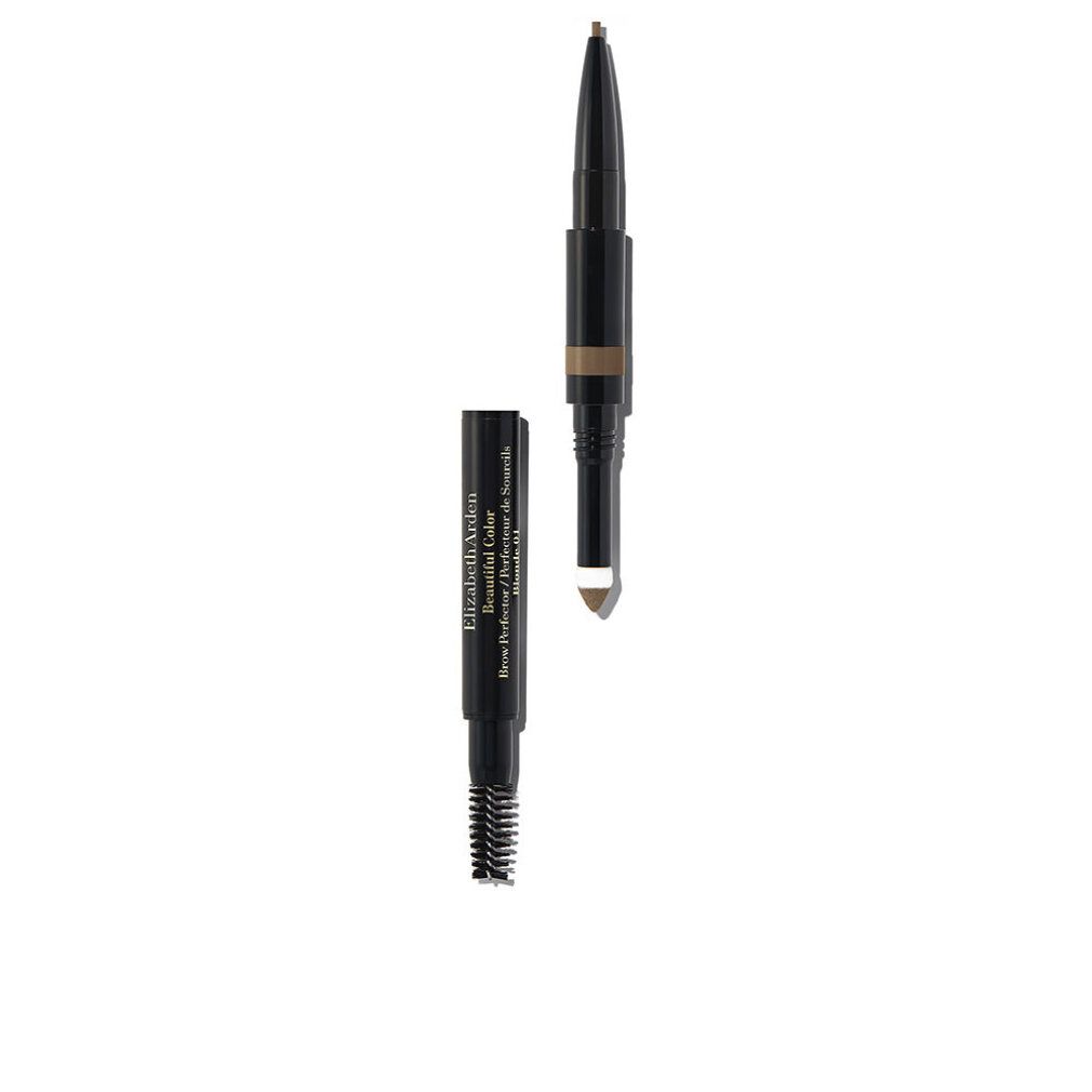 Elizabeth Arden Beautiful Color 3 in 1 wenkbrauwpotlood, Blond. Zwart potlood met borstel en punt. Productnaam en merk zichtbaar.
