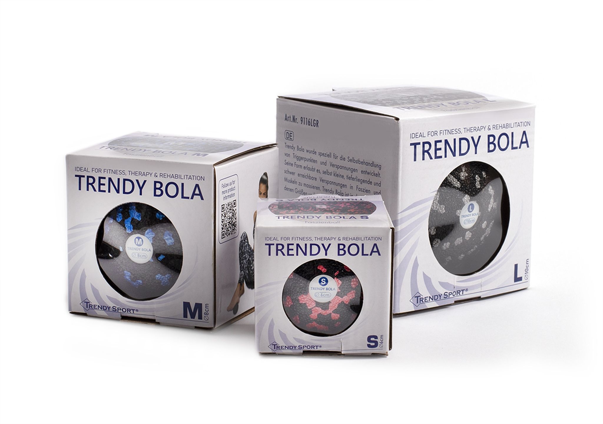 Trois emballages carrés de produits. Impression : Trendy Bola. Tailles S, M, L. Vue du produit.
