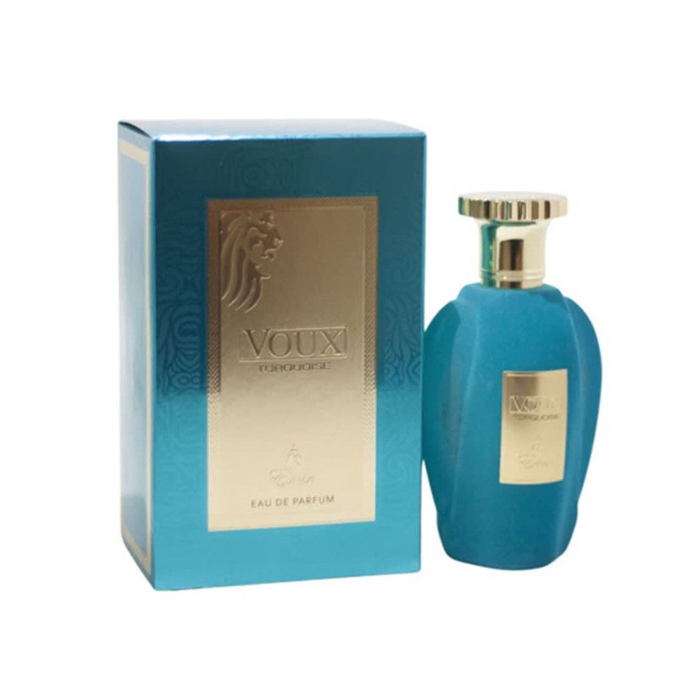 Flacon de parfum turquoise et boîte. Détails dorés. Inscription: Voux Turquoise, Eau de Parfum.