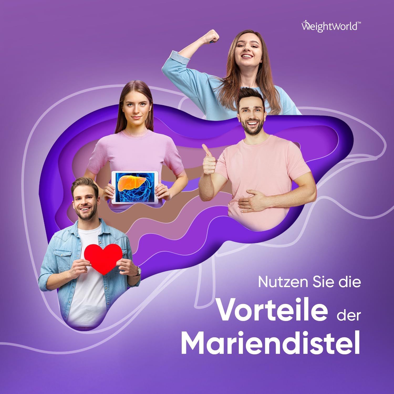 Afbeelding met mensen rond een leverillustratie. Tekst: Profiteer van de voordelen van mariadistel. WeightWorld logo.