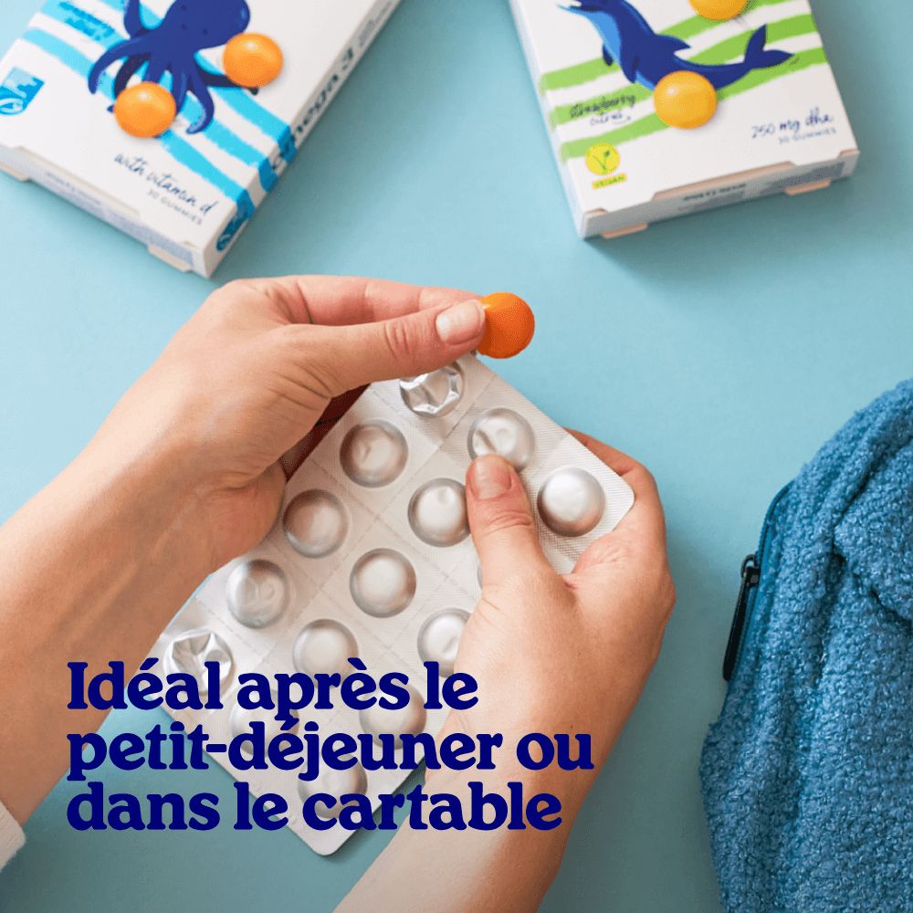 Emballage Arctic Blue Omega-3 gummies avec motif pieuvre et liste des avantages.