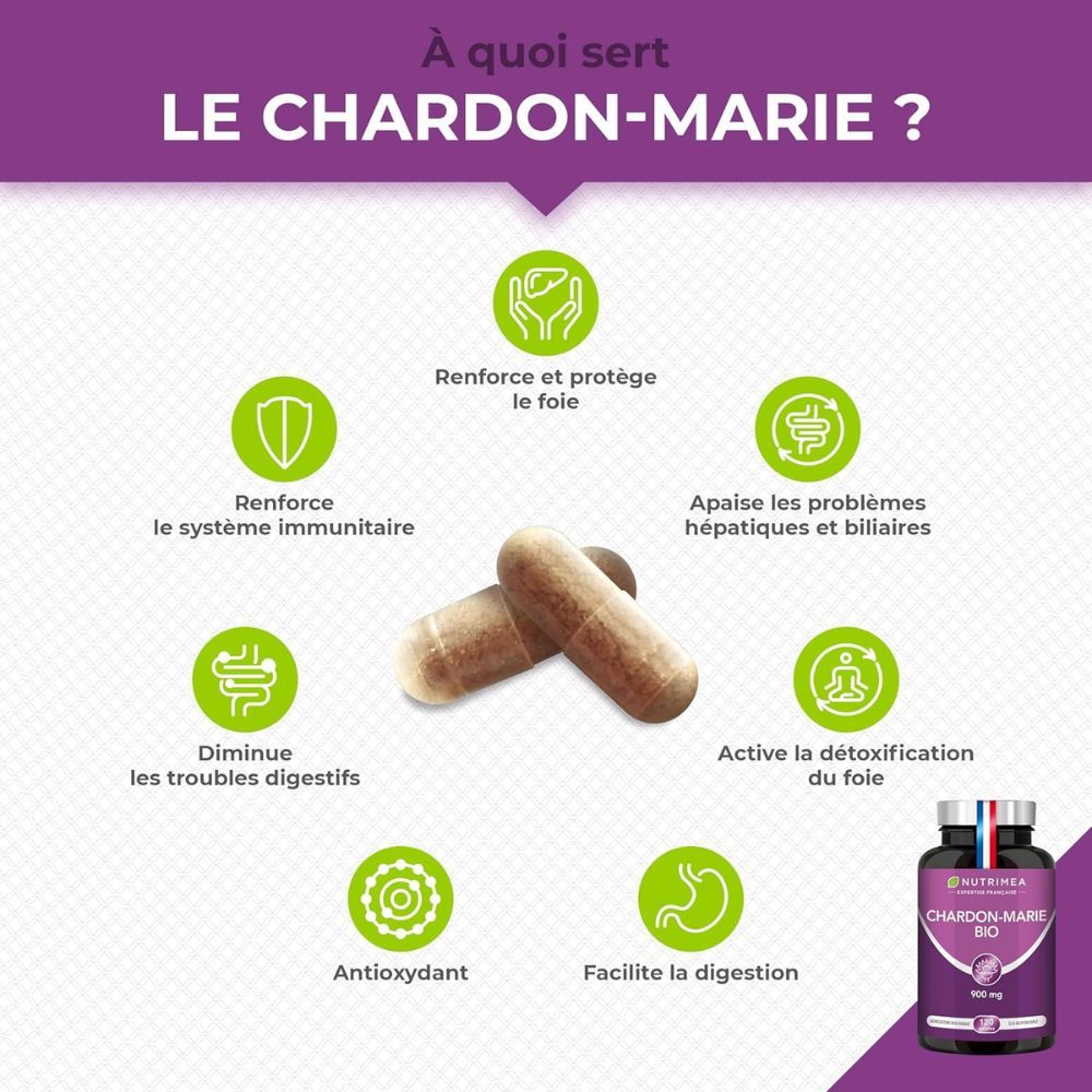 Infographie. Avantages du Chardon-Marie BIO. Flacon : Chardon-Marie BIO. Logo : Nutrimea.