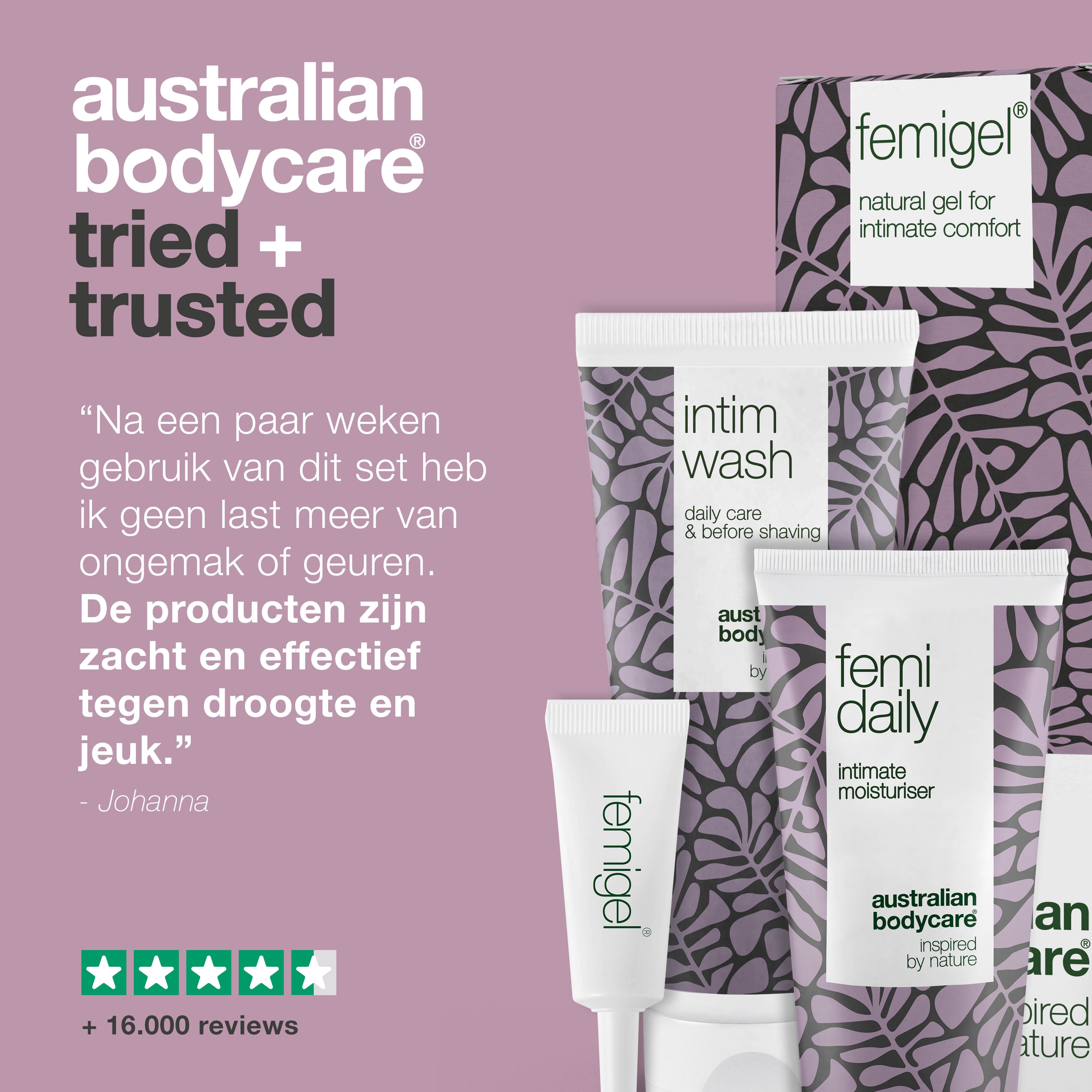 Infographic: getest en vertrouwd. Producten: wasgel, moisturizer en intieme gel. Merk: Australian Bodycare.