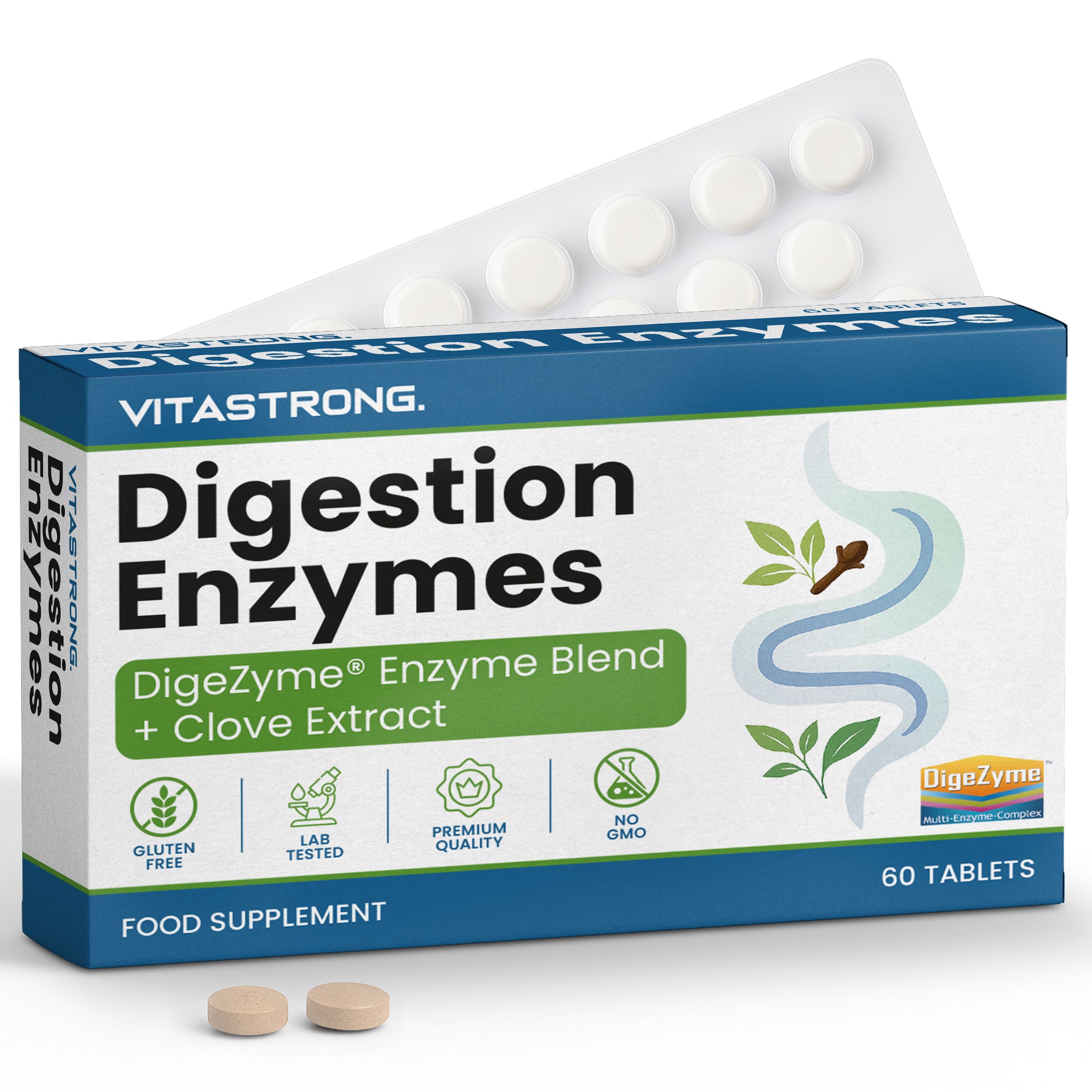 Vitastrong Digestion Enzymes. Doos en blisterverpakking met tabletten. Bevat 60 tabletten.