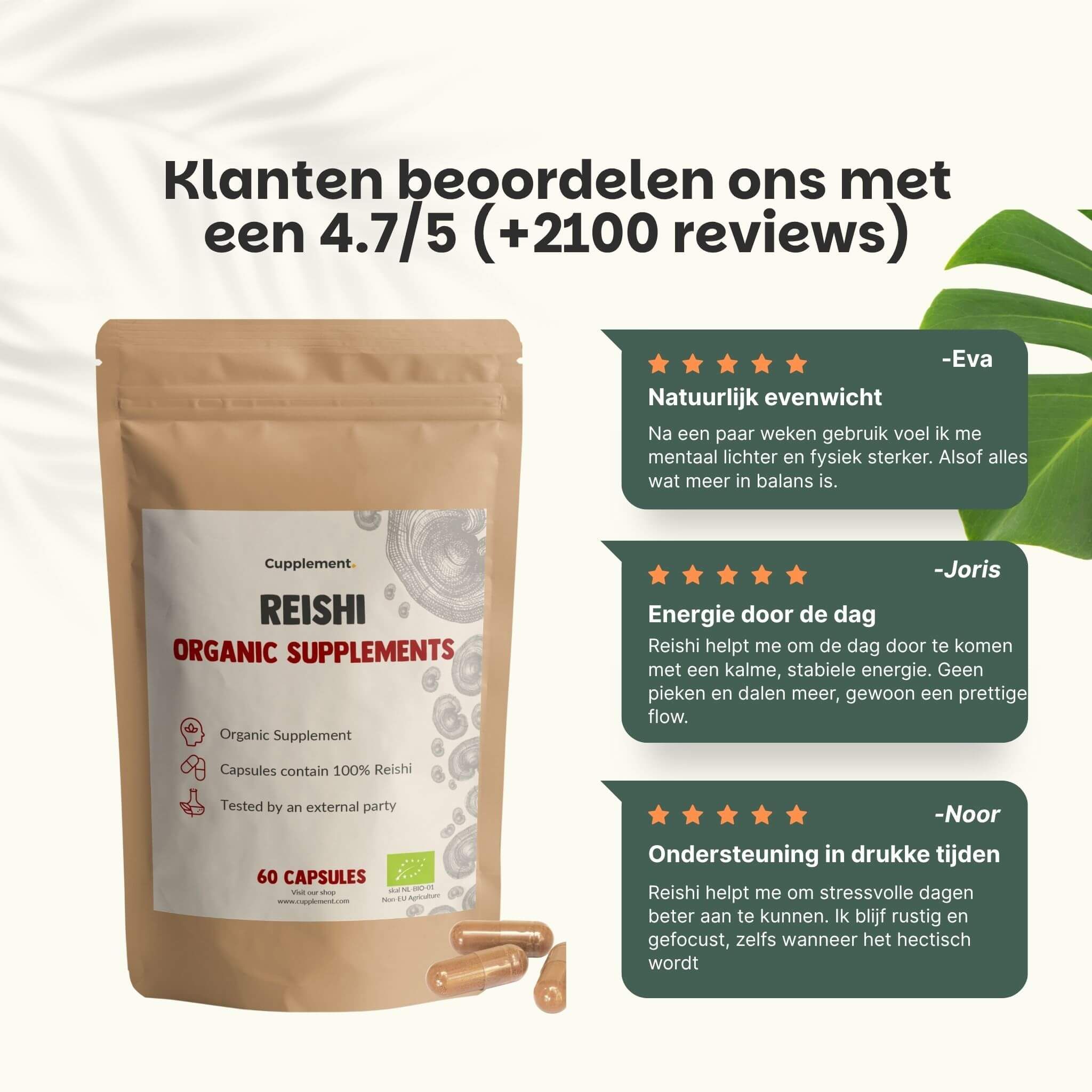 Zakje met Reishi capsules. Tekst: Klanten beoordelen ons met 4,7/5. 60 capsules. Citaten van klanten.