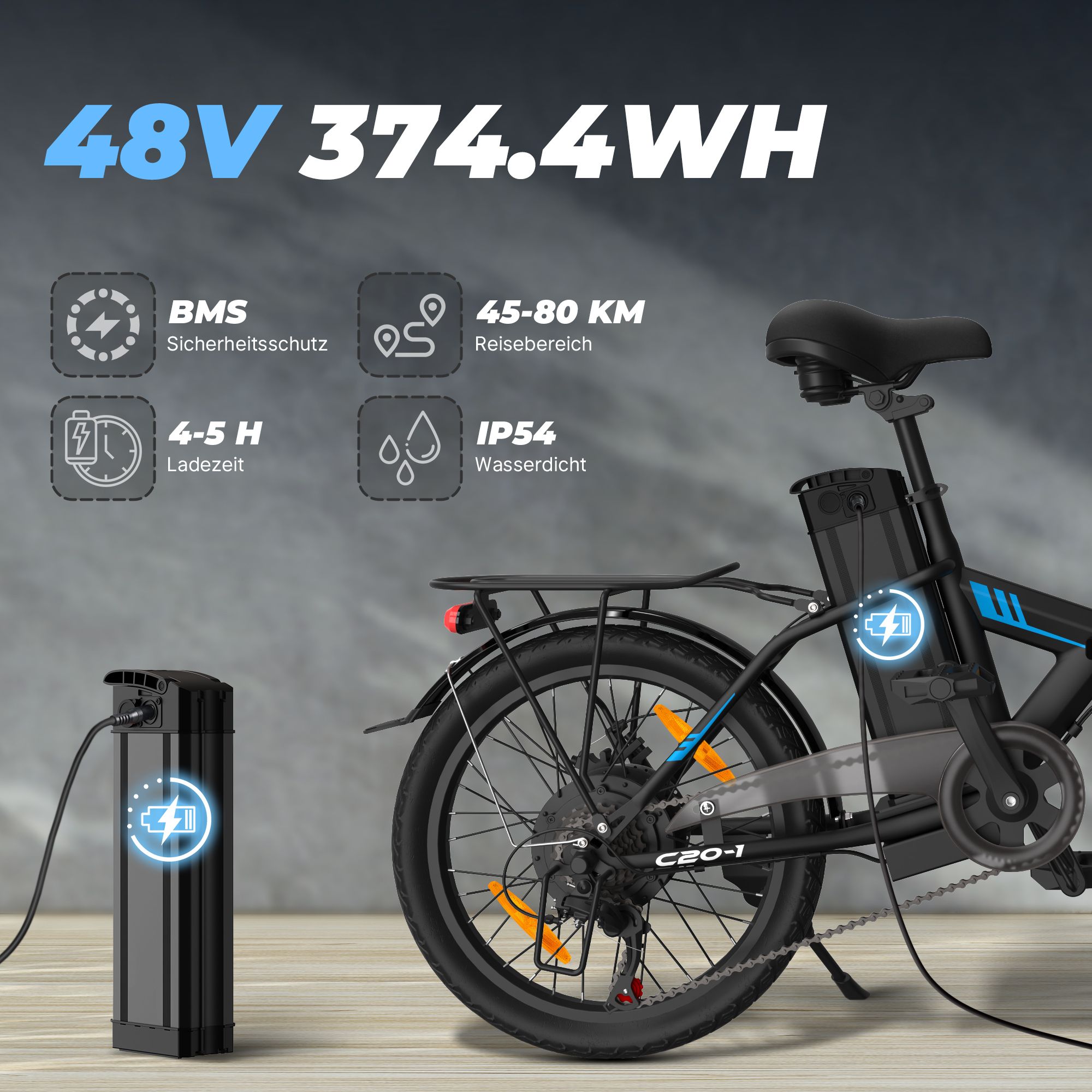 Vélo électrique pliable 48V. Détails: BMS, autonomie 45-80 km, temps de charge 4-5 h, IP54 étanche. Batterie en charge.