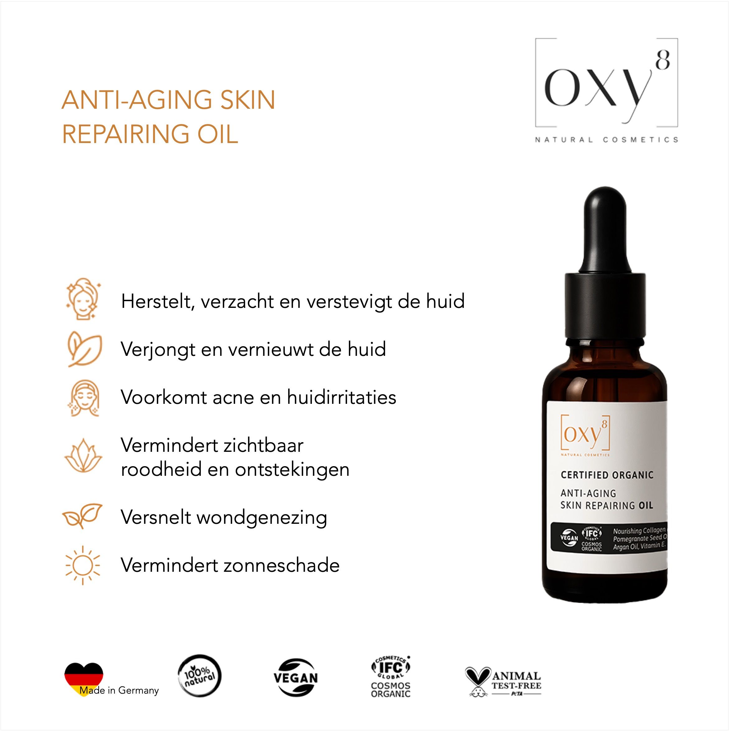 Productfles met tekst en pictogrammen. Tekst: "ANTI-AGING SKIN REPAIRING OIL". Pictogrammen: huid, blad, zon, etc.
