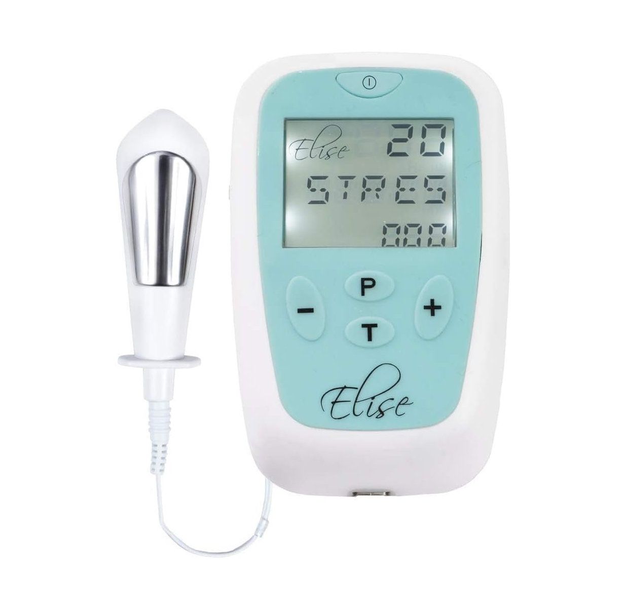 Apparaat met display en sonde. Display toont cijfers en tekst. Sonde met zilveren deel en witte schacht.