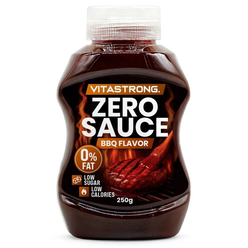 Bouteille marron avec bouchon blanc. Inscription: Vitastrong Zero Sauce BBQ Flavor. 0% de matières grasses, faible teneur en sucre, faibles calories. 250g.