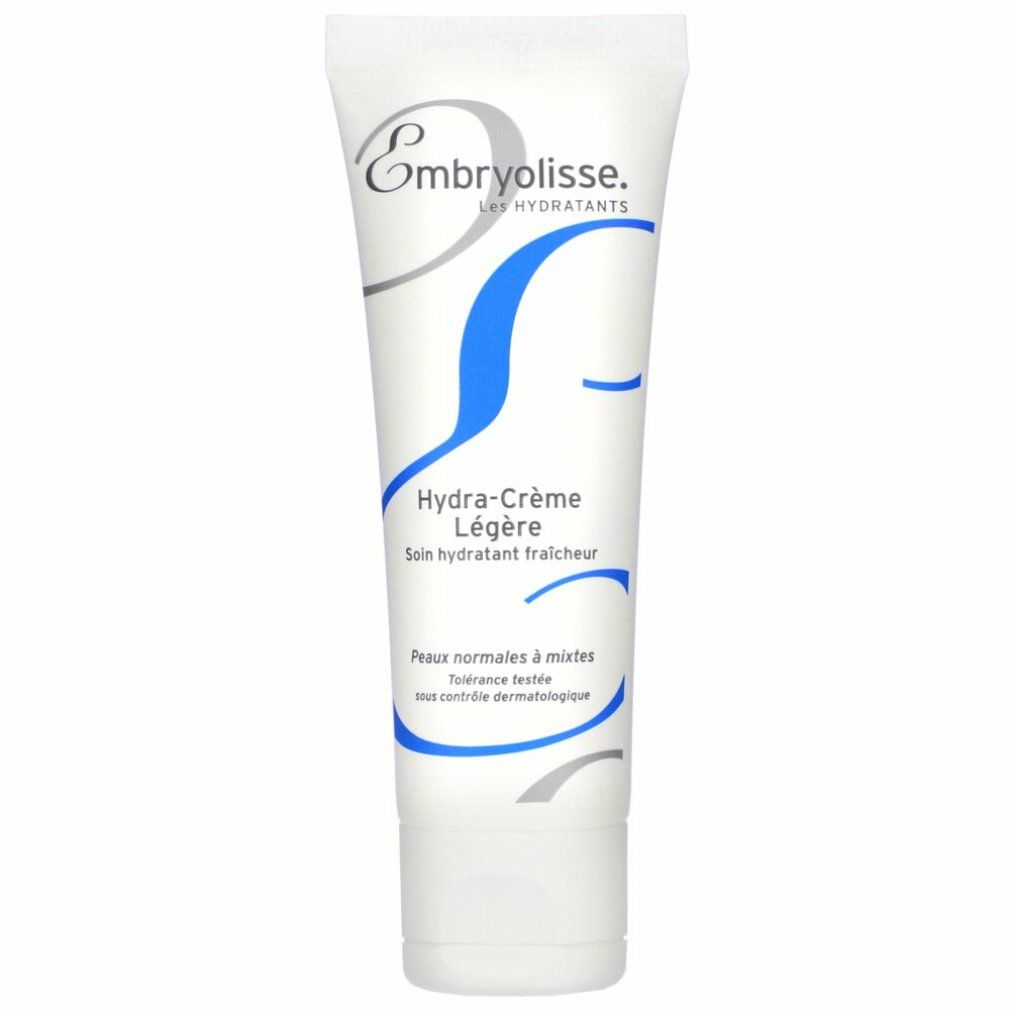 Witte tube met blauw en grijs design. Tekst: Embryolisse, Hydra-Crème Légère, Soin hydratant fraîcheur. Voor normale tot gemengde huid.