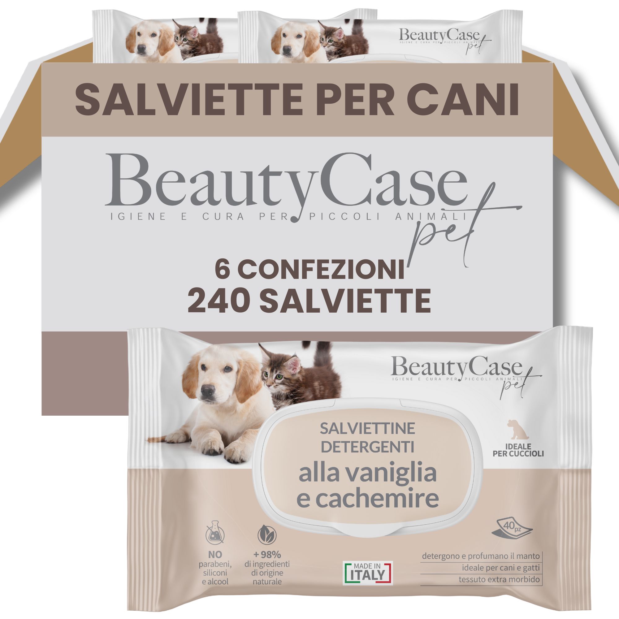 Boîte de Salviette Detergenti Animali. Contient 6 paquets de 240 lingettes. Marque : BeautyCase pet. Inscription : Salviette per cani.