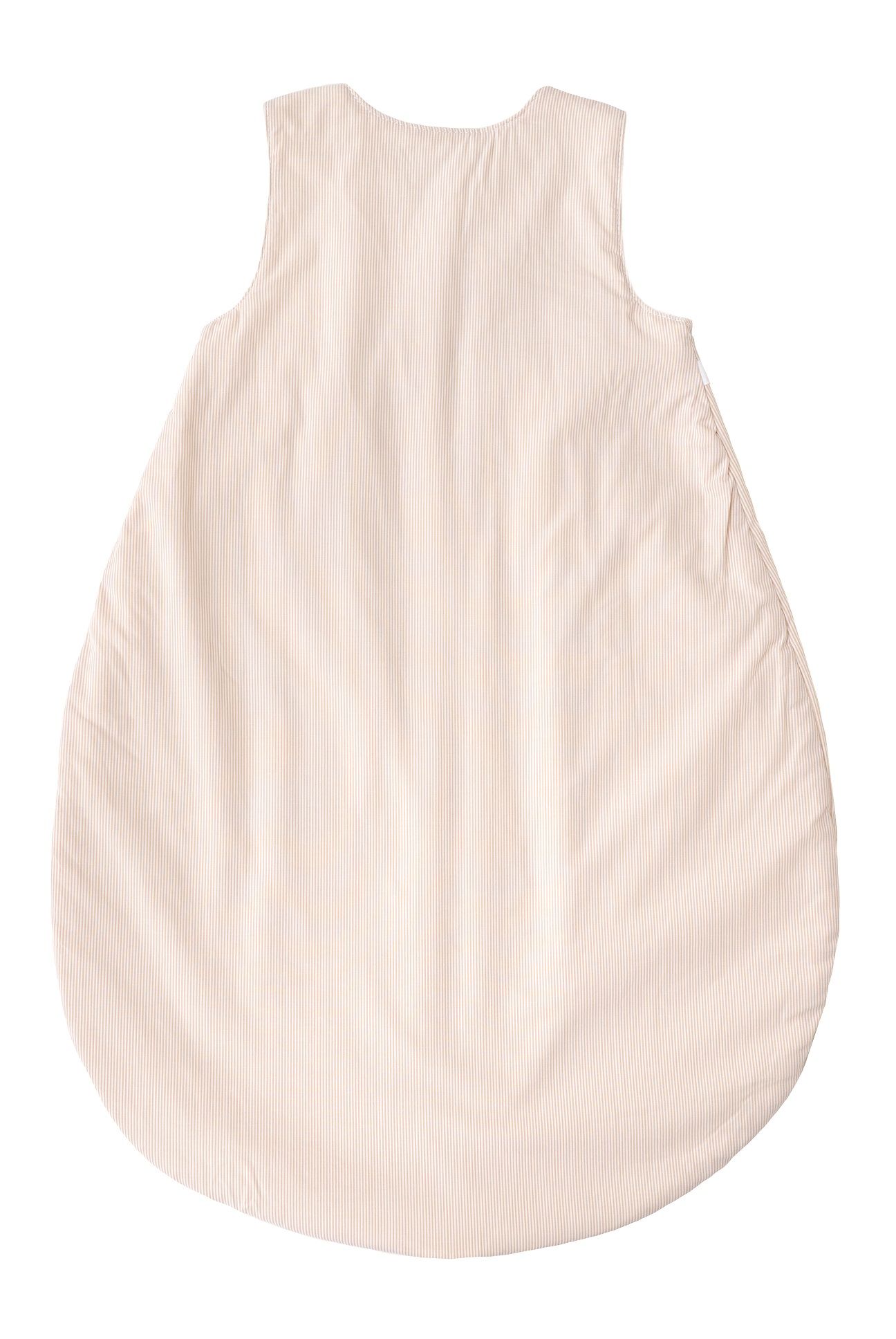Achteraanzicht van een beige slaapzak. Eenvoudig ontwerp zonder zichtbare details.