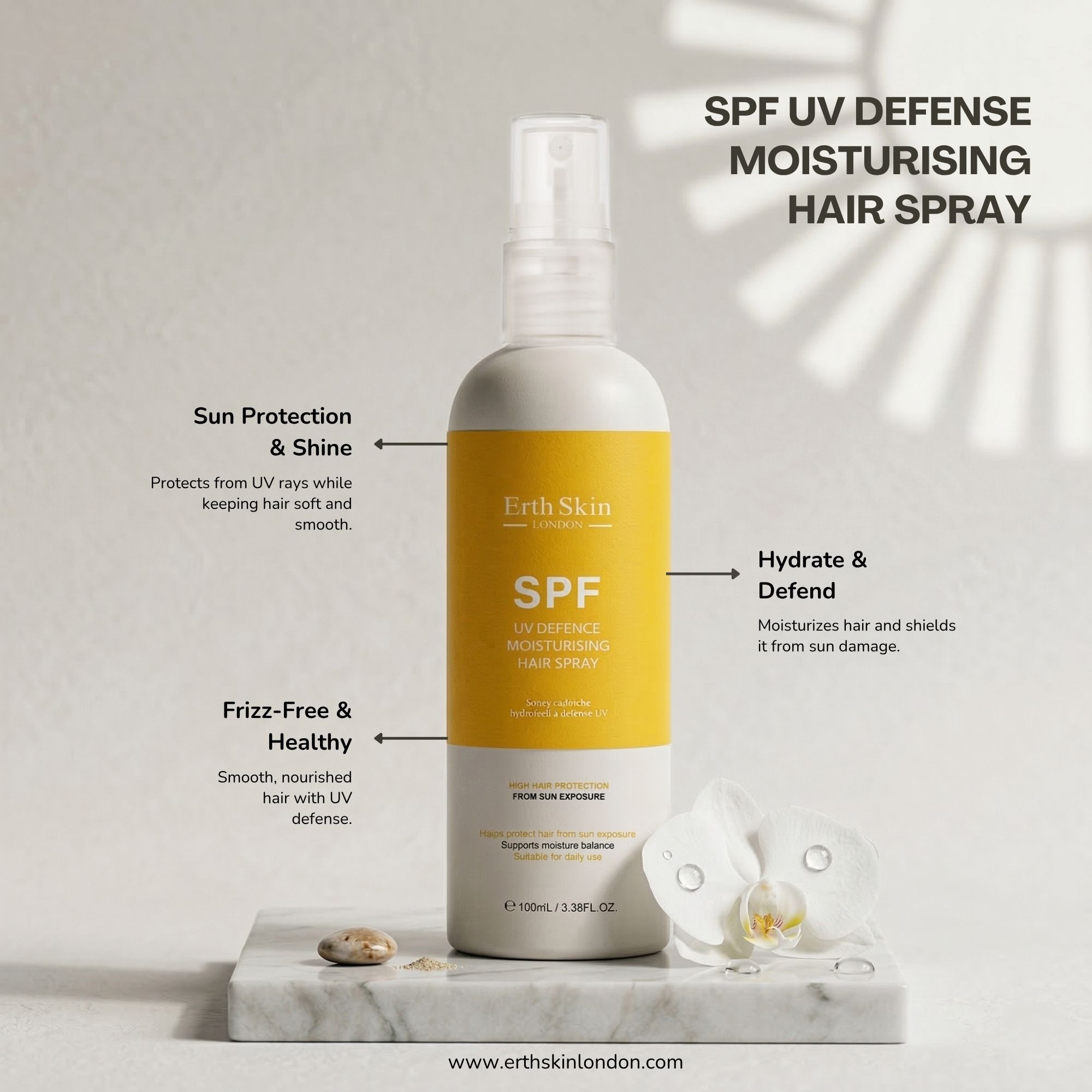 Flacon de spray capillaire avec étiquette jaune. Inscription : SPF. ErthSkin London. Zones de texte avec informations sur le produit.