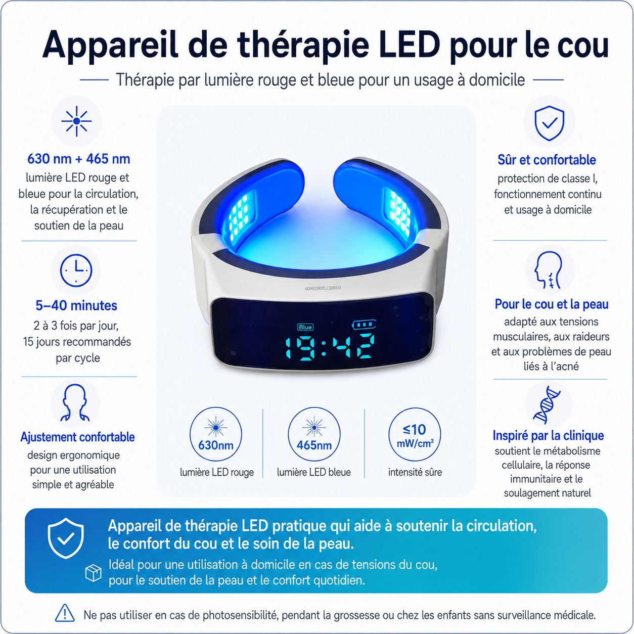 Appareil de thérapie LED pour le cou avec lumières bleues, affichage numérique et informations produit.