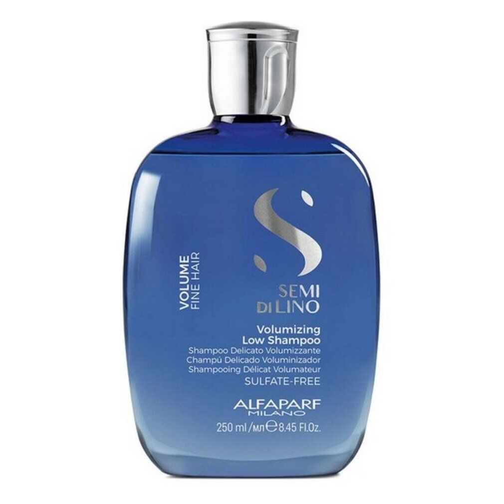 Blauwe flacon met zilveren dop, bevat Semi Di Lino Volume Volumizing Low Shampoo.